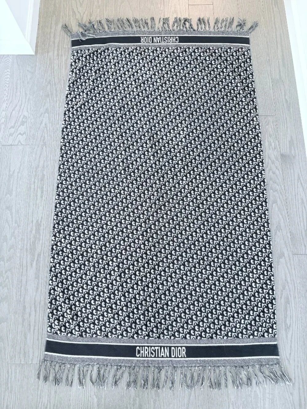 Christian Dior Navy Blue Oblique Beach Towel With Tassel Fringe